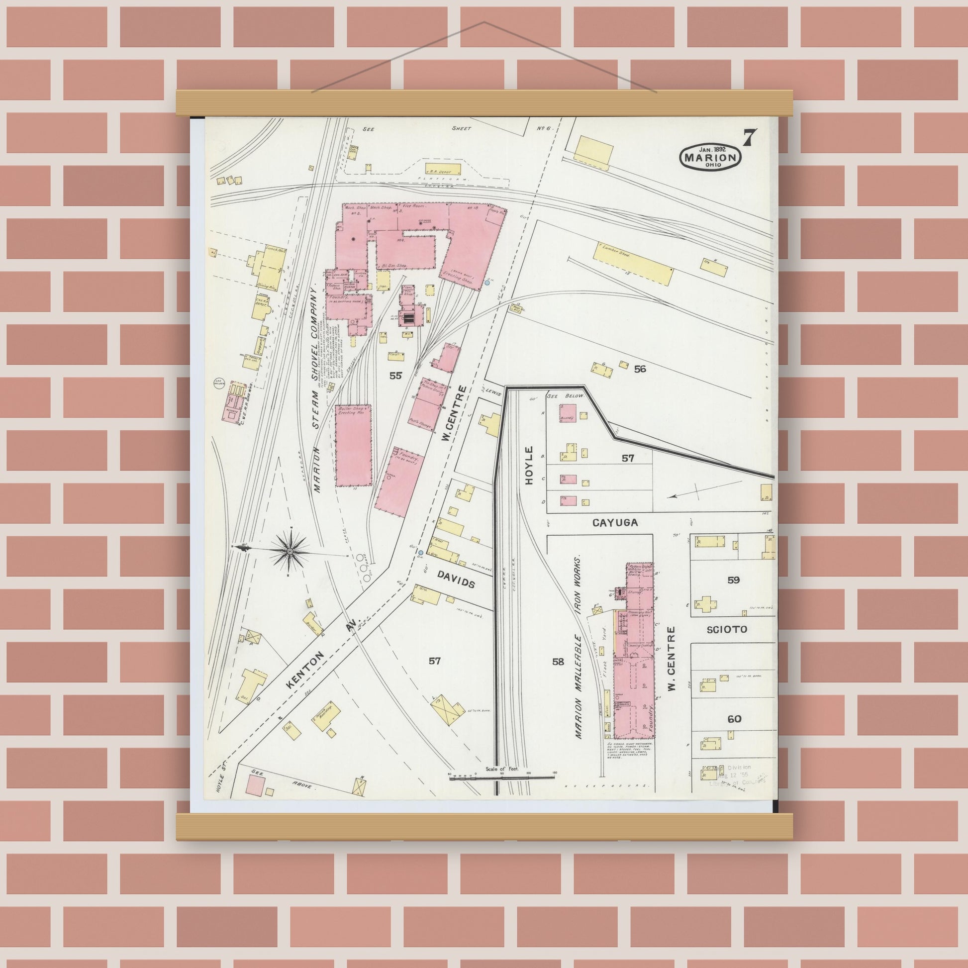 Old map wall art mockup — magnetic wood frame on brick wall — Sanborn Fire Insurance Map from Marion, Marion County, Ohio (1892), Sheet #0007