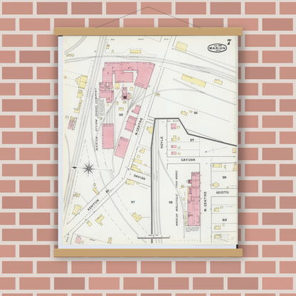 Old map wall art mockup — magnetic wood frame on brick wall — Sanborn Fire Insurance Map from Marion, Marion County, Ohio (1892), Sheet #0007