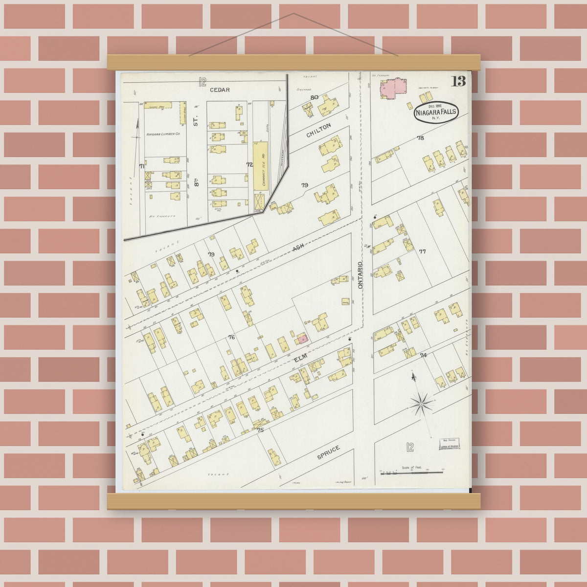 Old map wall art mockup — magnetic wood frame on brick wall — Sanborn Fire Insurance Map from Niagara Falls, Niagara County, New York (1892), Sheet #0013