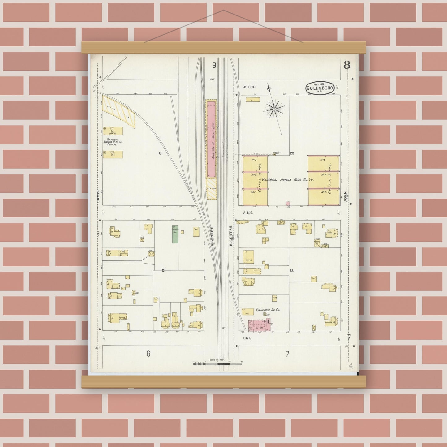 Old map wall art mockup — magnetic wood frame on brick wall — Sanborn Fire Insurance Map from Goldsboro, Wayne County, North Carolina (1896), Sheet #0008