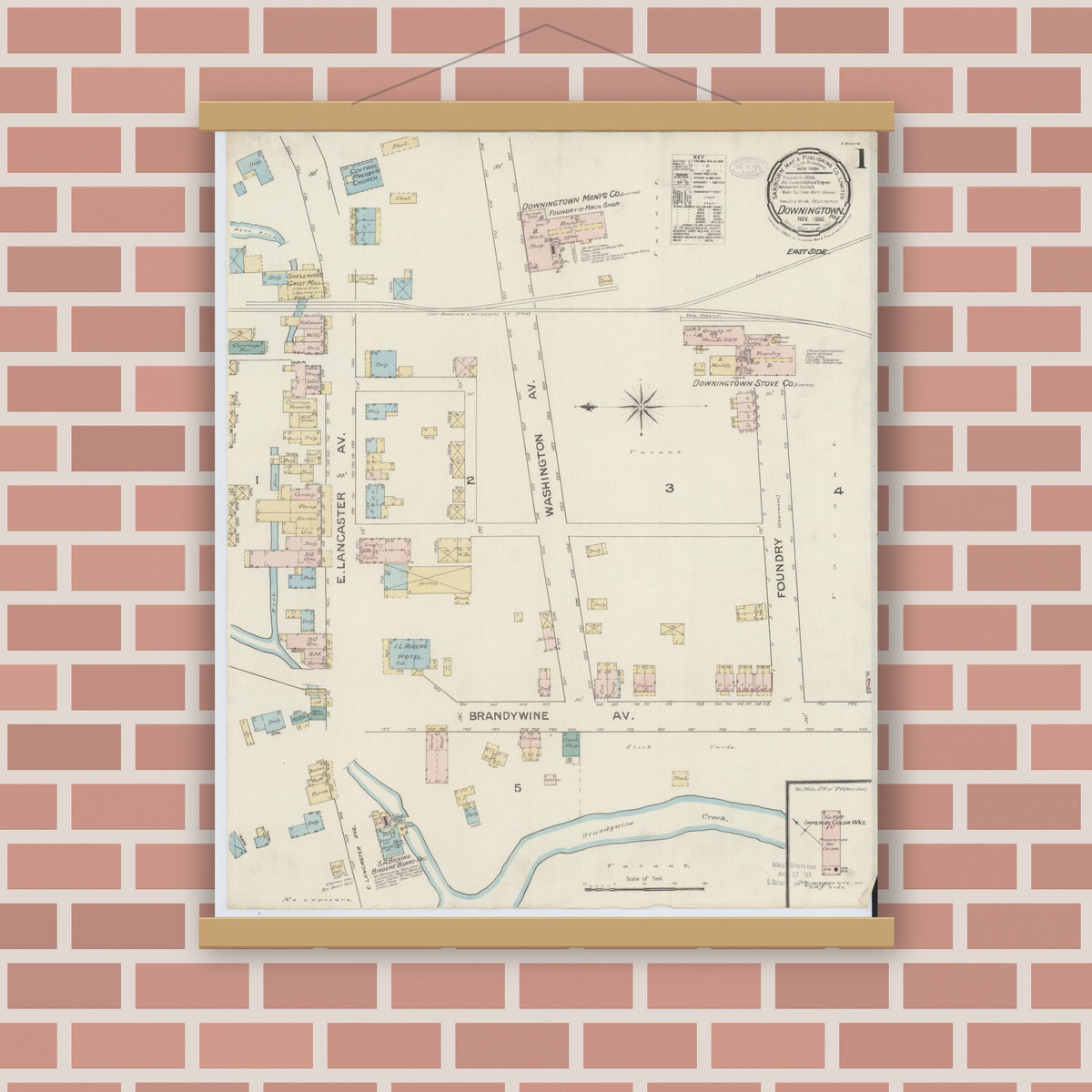 Old map wall art mockup — magnetic wood frame on brick wall — Sanborn Fire Insurance Map from Downingtown, Chester County, Pennsylvania (1886), Sheet #0001