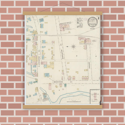 Old map wall art mockup — magnetic wood frame on brick wall — Sanborn Fire Insurance Map from Downingtown, Chester County, Pennsylvania (1886), Sheet #0001