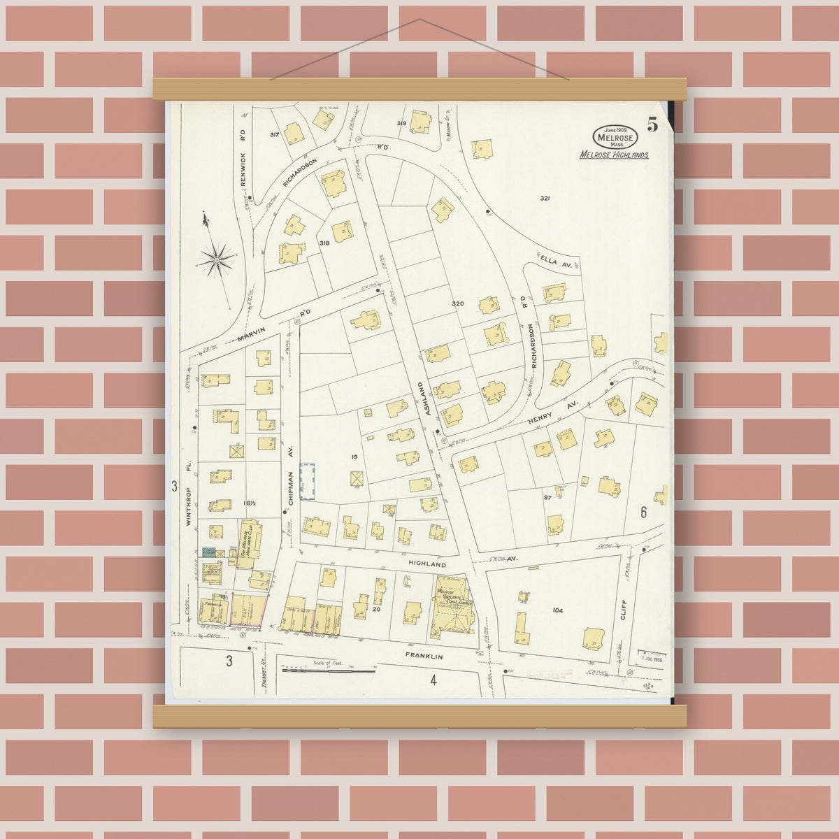 Old map wall art mockup — magnetic wood frame on brick wall — Sanborn Fire Insurance Map from Melrose, Middlesex County, Massachusetts (1909), Sheet #0005