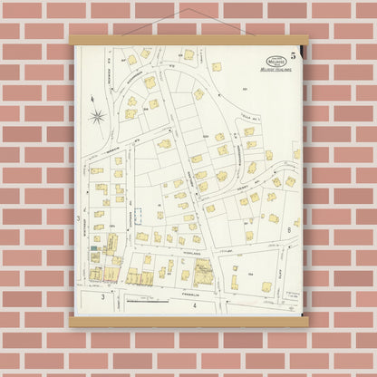 Old map wall art mockup — magnetic wood frame on brick wall — Sanborn Fire Insurance Map from Melrose, Middlesex County, Massachusetts (1909), Sheet #0005