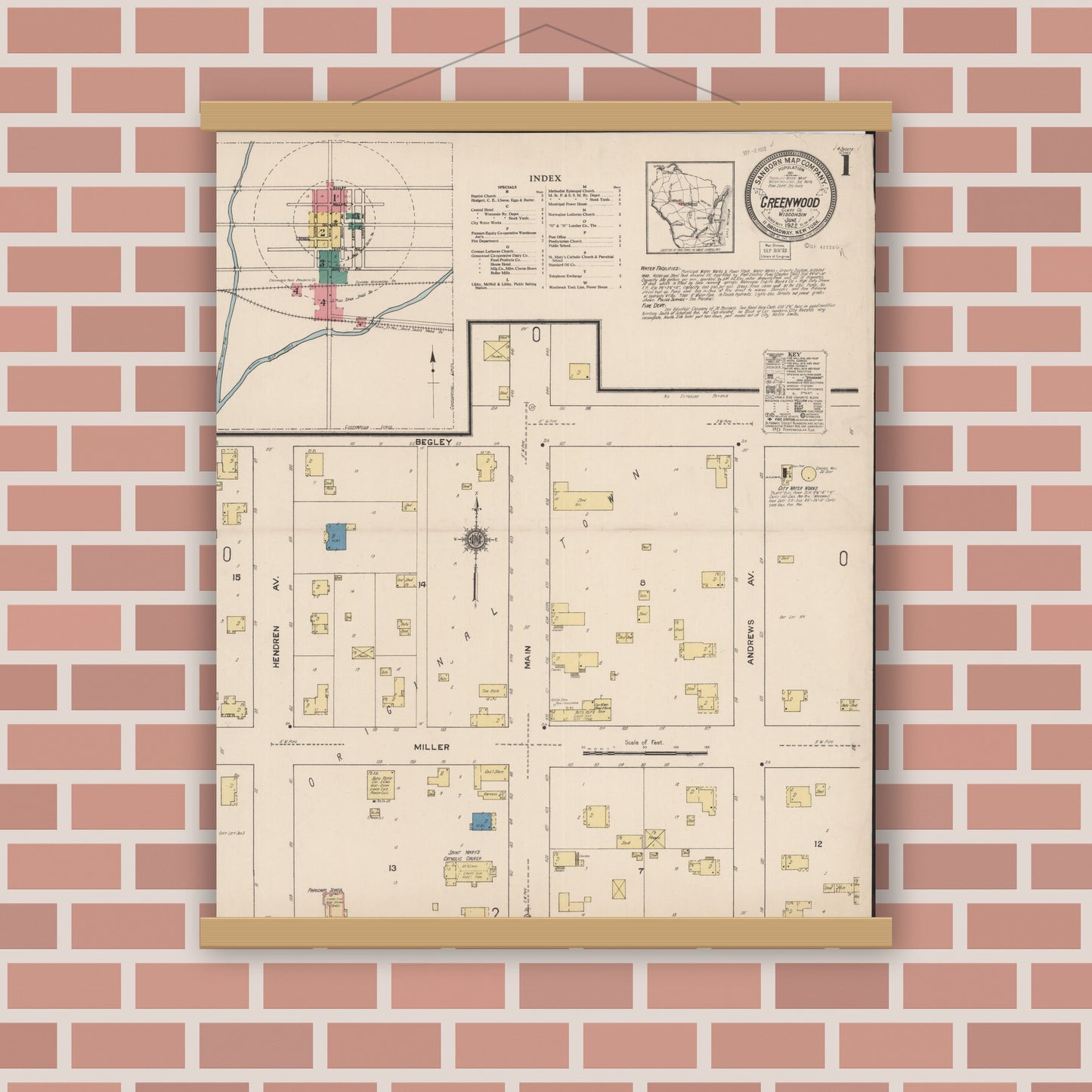 Old map wall art mockup — magnetic wood frame on brick wall — Sanborn Fire Insurance Map from Greenwood, Clark County, Wisconsin (1922) - Complete Map Set