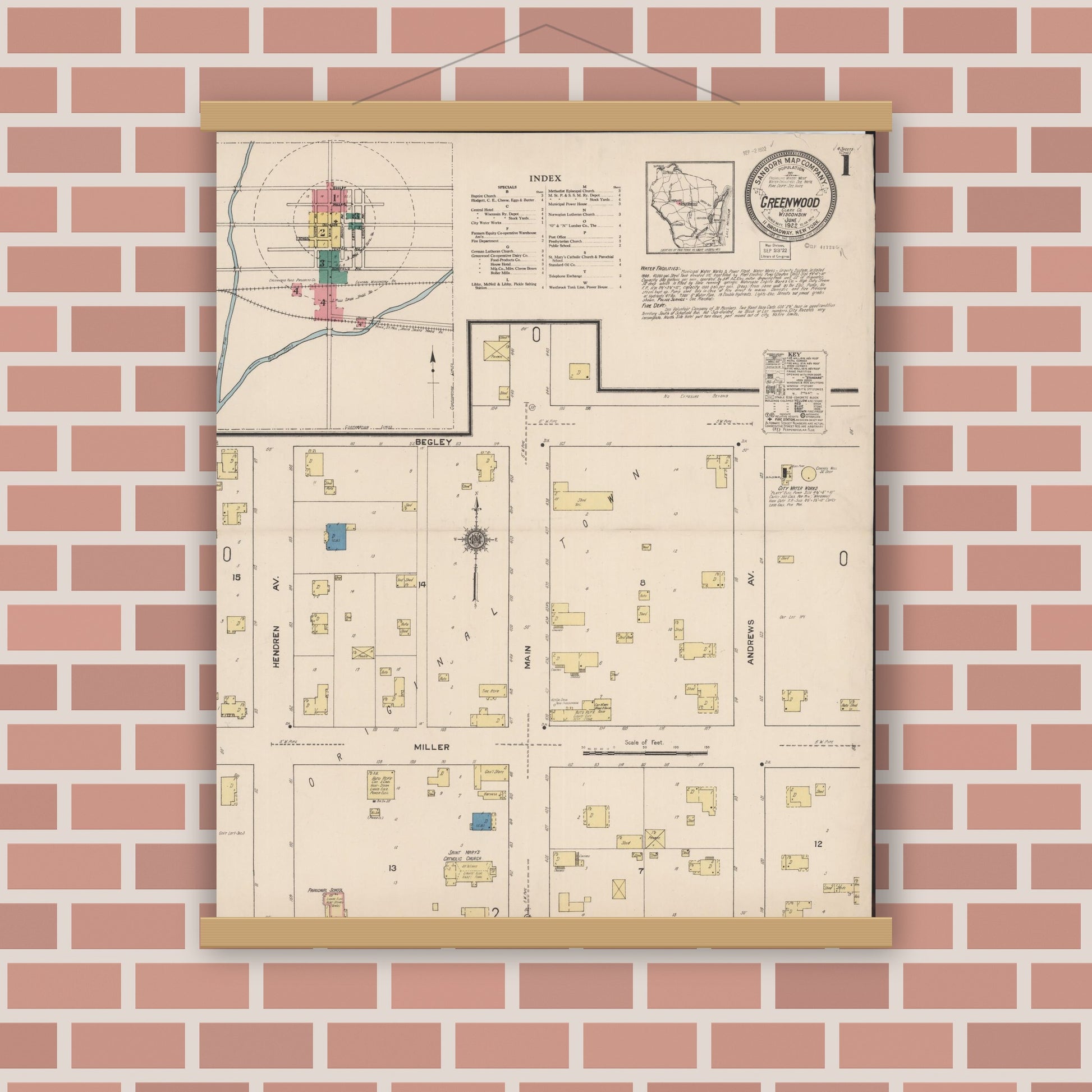 Old map wall art mockup — magnetic wood frame on brick wall — Sanborn Fire Insurance Map from Greenwood, Clark County, Wisconsin (1922) - Complete Map Set