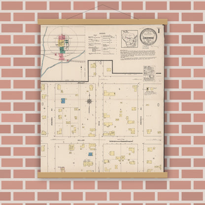 Old map wall art mockup — magnetic wood frame on brick wall — Sanborn Fire Insurance Map from Greenwood, Clark County, Wisconsin (1922) - Complete Map Set