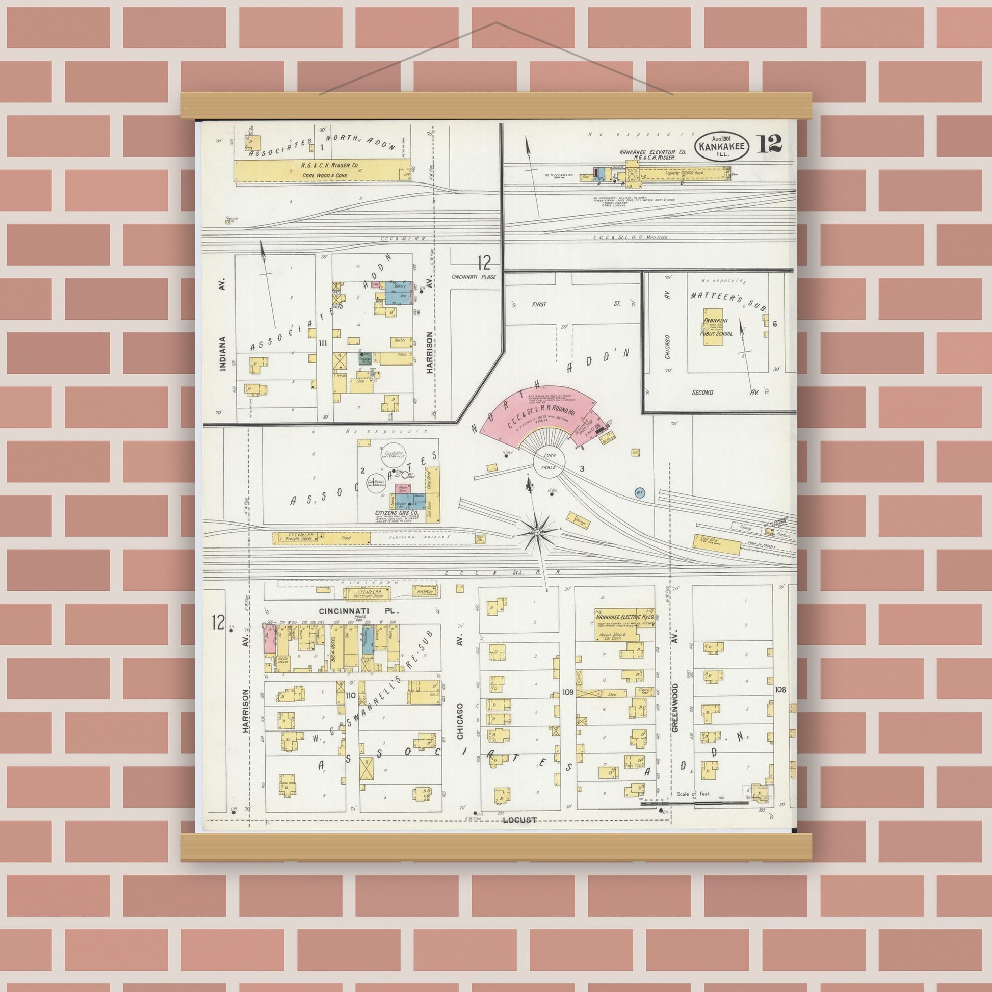 Old map wall art mockup — magnetic wood frame on brick wall — Sanborn Fire Insurance Map from Kankakee, Kankakee County, Illinois (1901), Sheet #0012