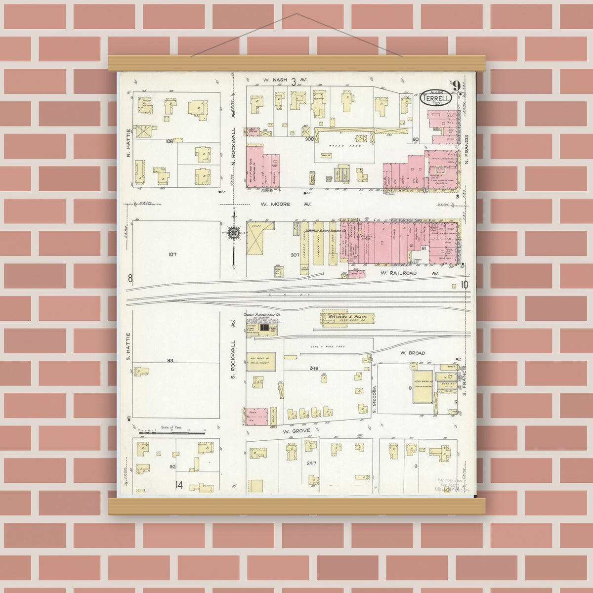 Old map wall art mockup — magnetic wood frame on brick wall — Sanborn Fire Insurance Map from Terrell, Kaufman County, Texas (1914), Sheet #0009