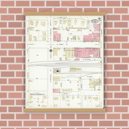 Old map wall art mockup — magnetic wood frame on brick wall — Sanborn Fire Insurance Map from Terrell, Kaufman County, Texas (1914), Sheet #0009
