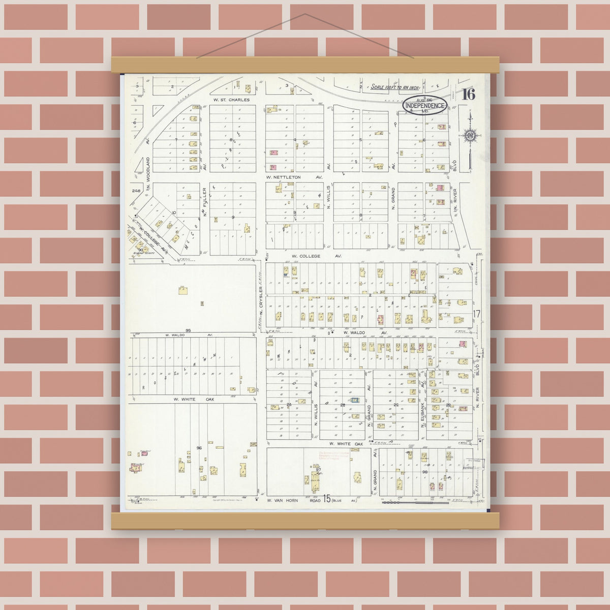 Old map wall art mockup — magnetic wood frame on brick wall — Sanborn Fire Insurance Map from Independence, Jackson County, Missouri (1916), Sheet #0016