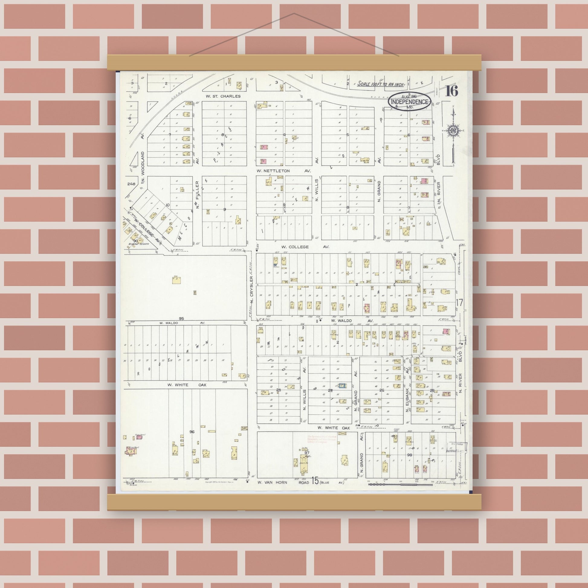 Old map wall art mockup — magnetic wood frame on brick wall — Sanborn Fire Insurance Map from Independence, Jackson County, Missouri (1916), Sheet #0016