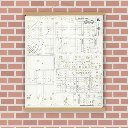Old map wall art mockup — magnetic wood frame on brick wall — Sanborn Fire Insurance Map from Independence, Jackson County, Missouri (1916), Sheet #0016