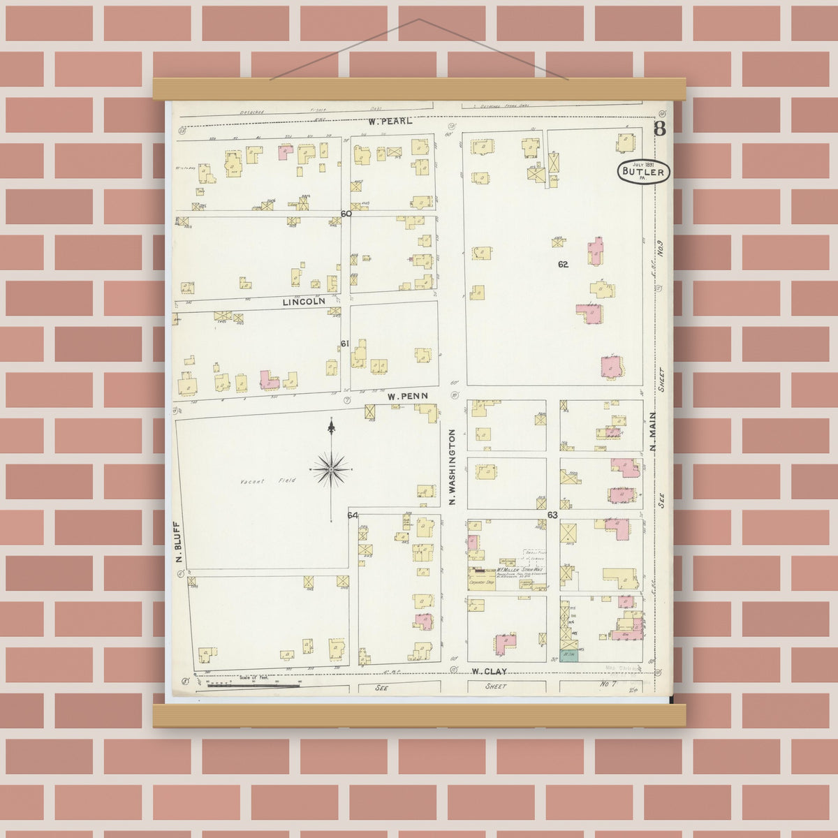 Old map wall art mockup — magnetic wood frame on brick wall — Sanborn Fire Insurance Map from Butler, Butler County, Pennsylvania (1891), Sheet #0008
