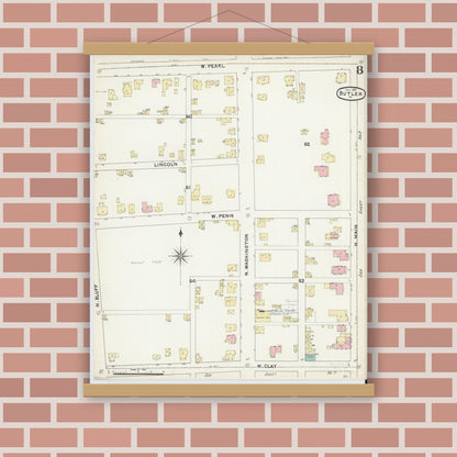 Old map wall art mockup — magnetic wood frame on brick wall — Sanborn Fire Insurance Map from Butler, Butler County, Pennsylvania (1891), Sheet #0008