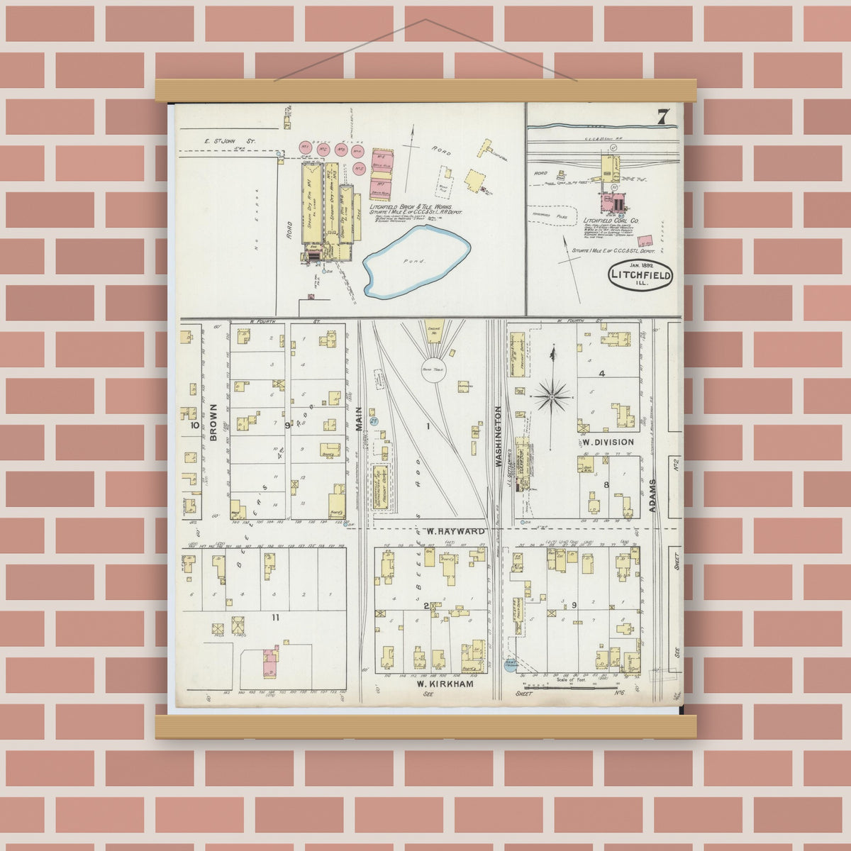 Old map wall art mockup — magnetic wood frame on brick wall — Sanborn Fire Insurance Map from Litchfield, Montgomery County, Illinois (1892), Sheet #0007