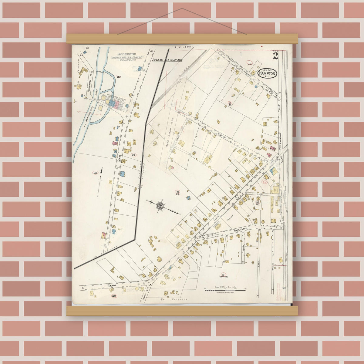 Old map wall art mockup — magnetic wood frame on brick wall — Sanborn Fire Insurance Map from Hampton, Hunterdon County, New Jersey (1936), Sheet #0002