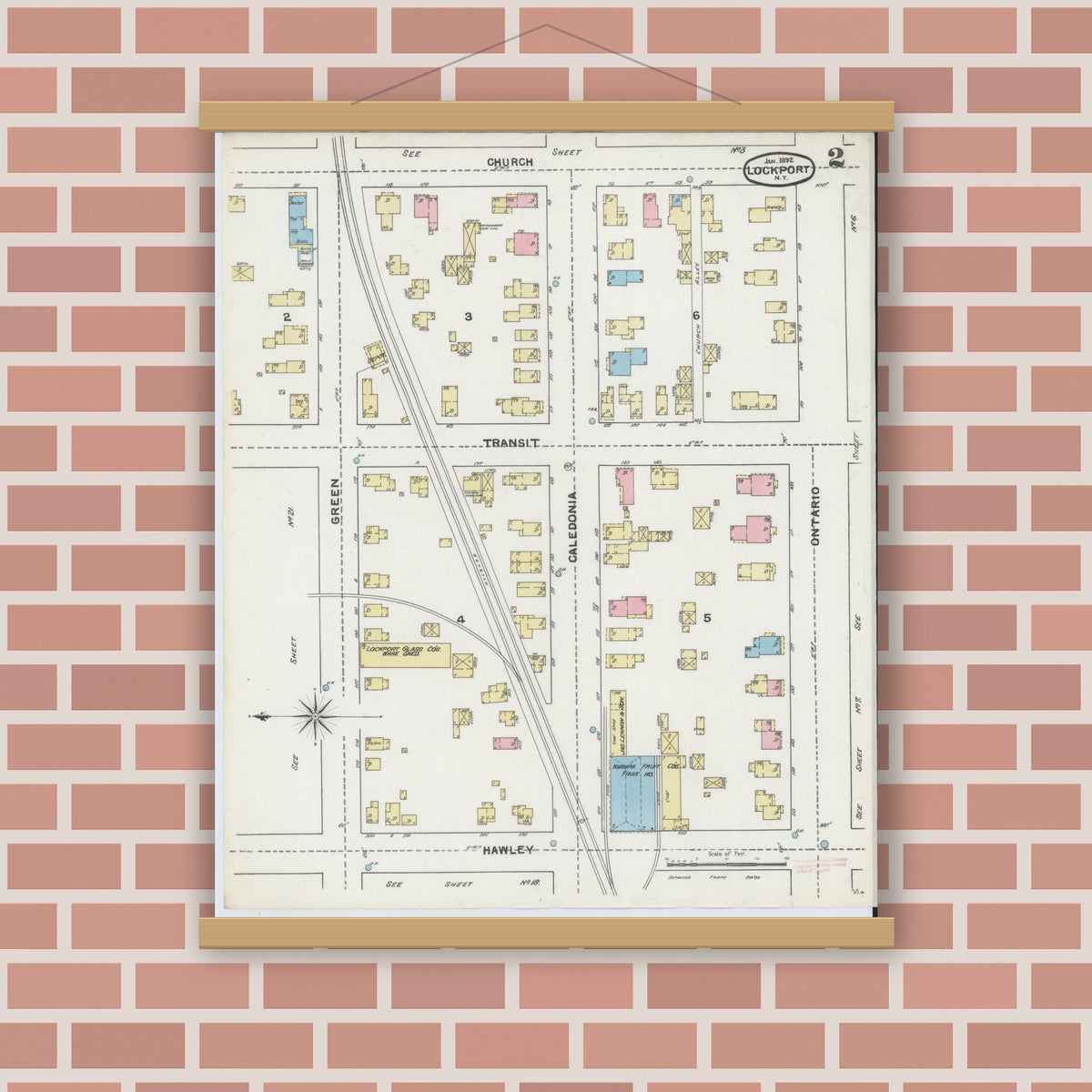Old map wall art mockup — magnetic wood frame on brick wall — Sanborn Fire Insurance Map from Lockport, Niagara County, New York (1892), Sheet #0002