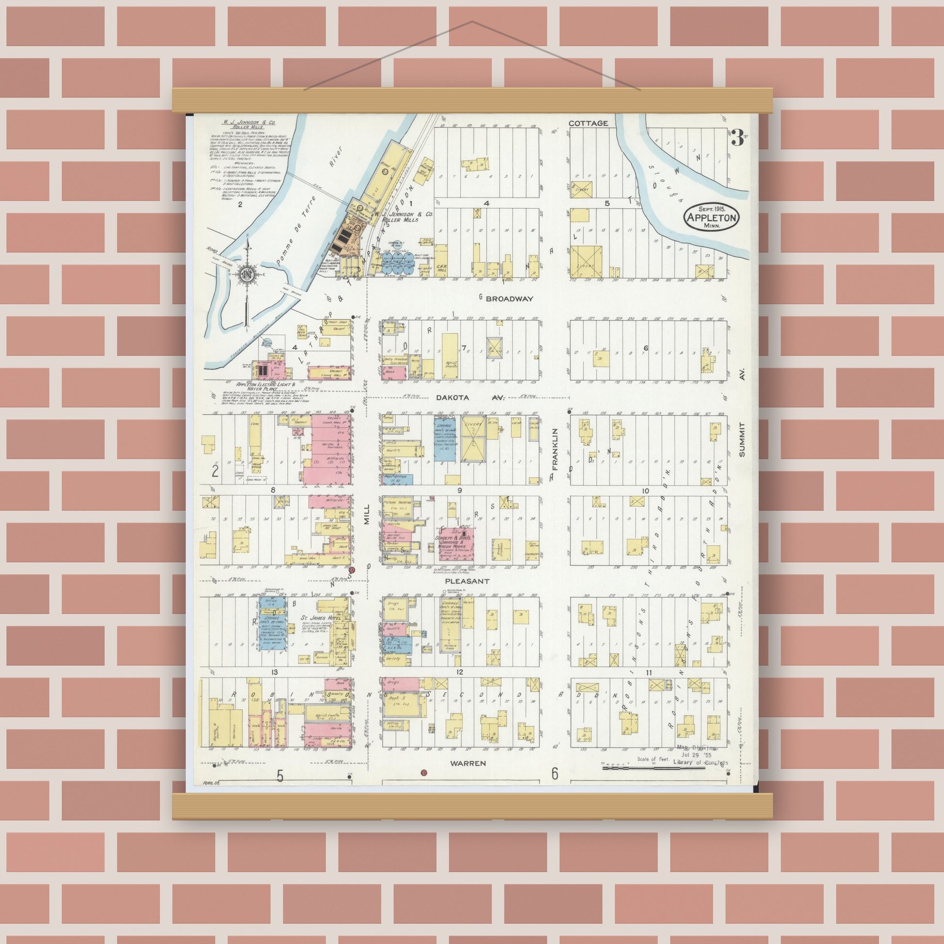 Old map wall art mockup — magnetic wood frame on brick wall — Sanborn Fire Insurance Map from Appleton, Swift County, Minnesota (1915), Sheet #0003