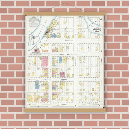 Old map wall art mockup — magnetic wood frame on brick wall — Sanborn Fire Insurance Map from Appleton, Swift County, Minnesota (1915), Sheet #0003