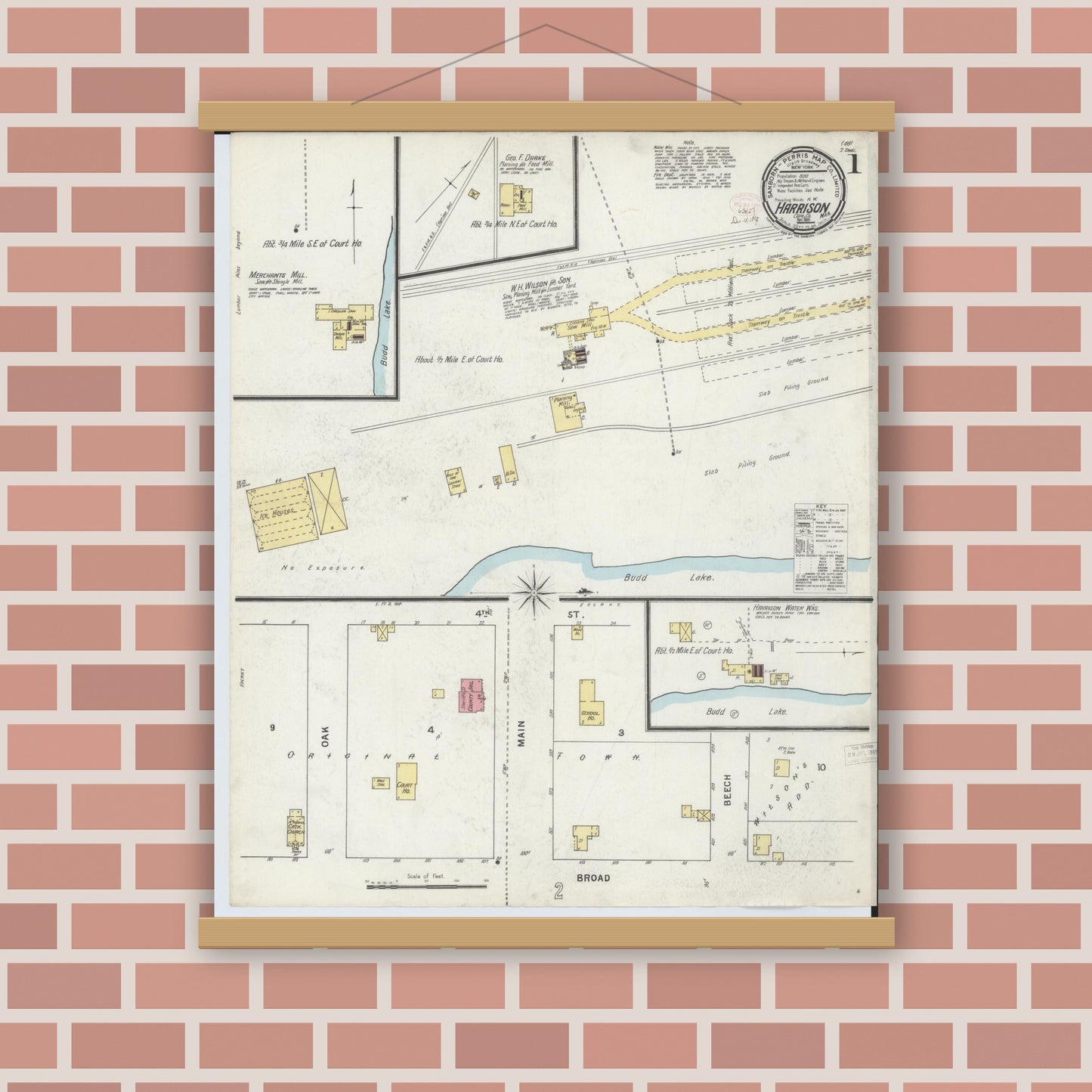 Old map wall art mockup — magnetic wood frame on brick wall — Sanborn Fire Insurance Map from Harrison, Clare County, Michigan (1895) - Complete Map Set
