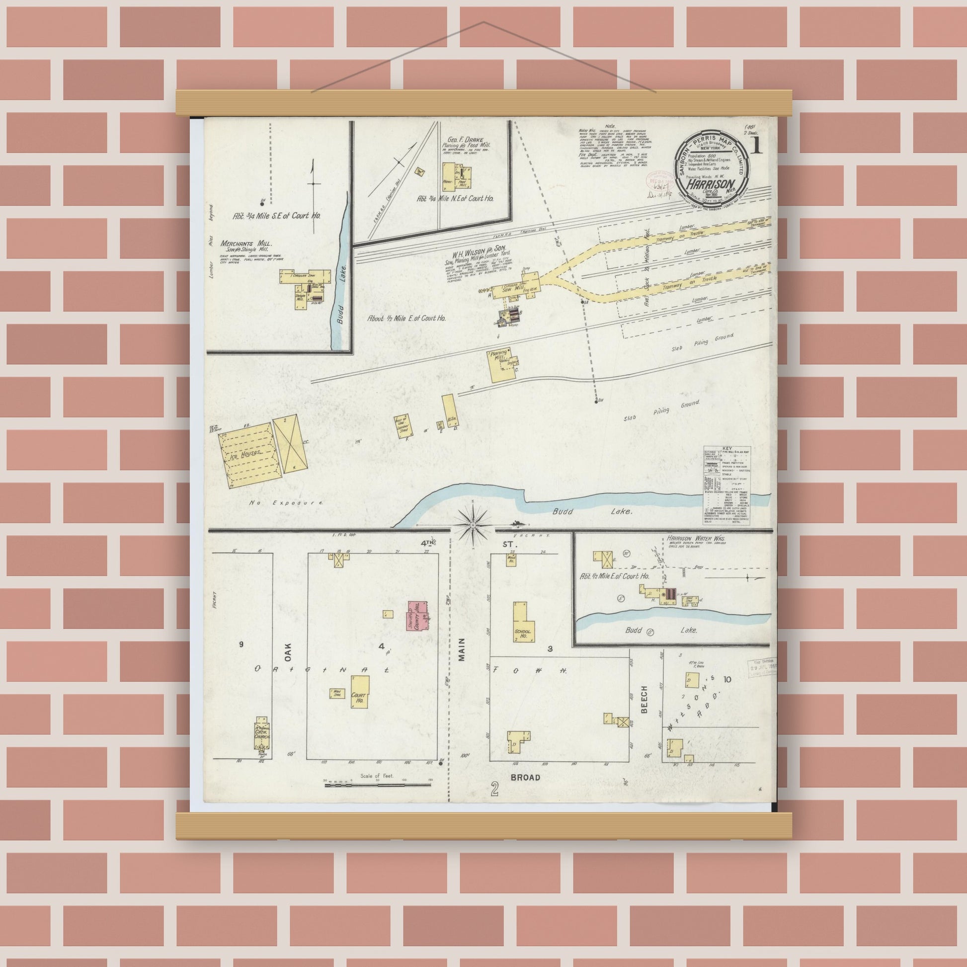 Old map wall art mockup — magnetic wood frame on brick wall — Sanborn Fire Insurance Map from Harrison, Clare County, Michigan (1895) - Complete Map Set