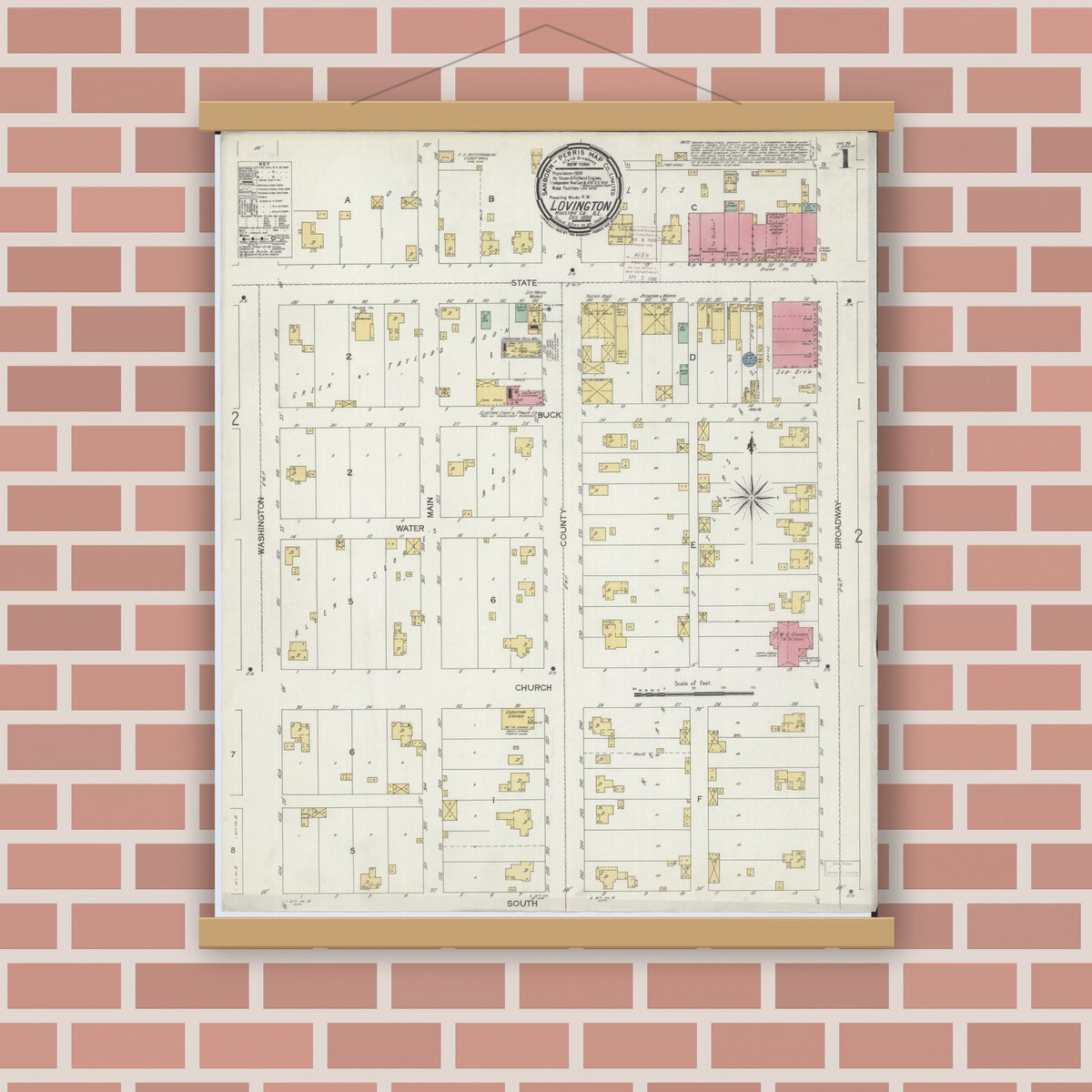 Old map wall art mockup — magnetic wood frame on brick wall — Sanborn Fire Insurance Map from Lovington, Moultrie County, Illinois (1899) - Complete Map Set