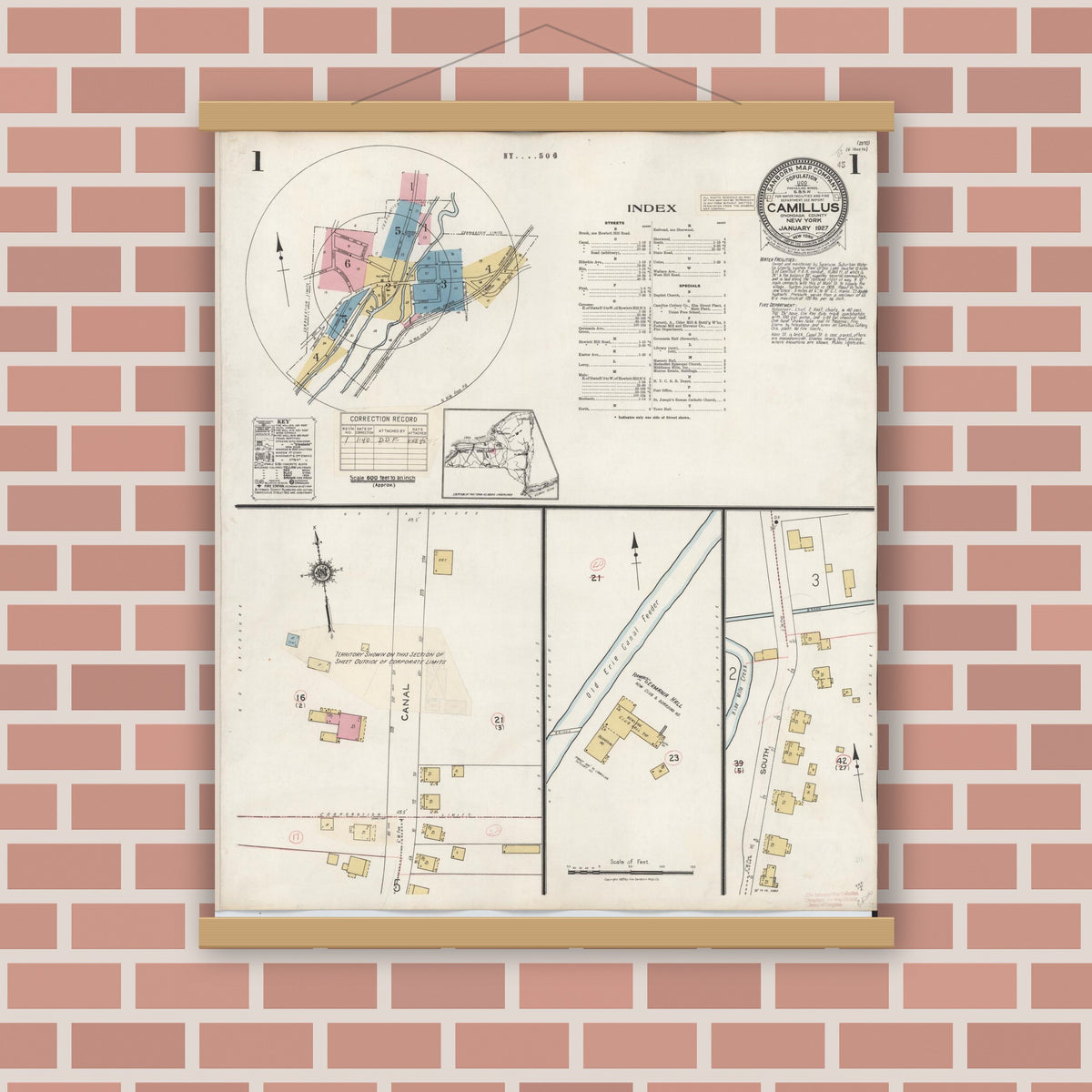 Old map wall art mockup — magnetic wood frame on brick wall — Sanborn Fire Insurance Map from Camillus, Onondaga County, New York (1940) - Complete Map Set