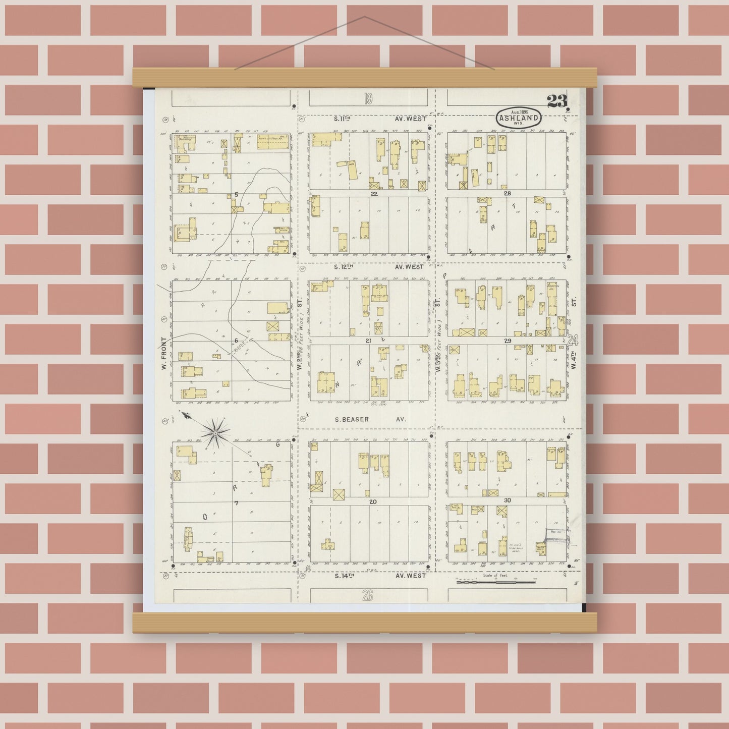 Old map wall art mockup — magnetic wood frame on brick wall — Sanborn Fire Insurance Map from Ashland, Ashland County, Wisconsin (1895), Sheet #0023