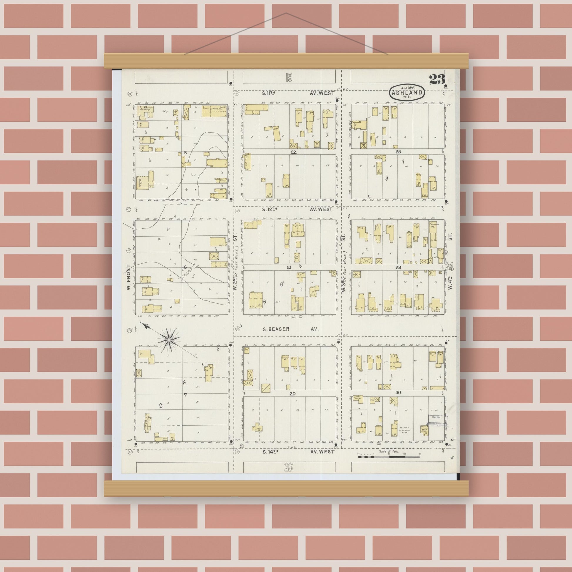 Old map wall art mockup — magnetic wood frame on brick wall — Sanborn Fire Insurance Map from Ashland, Ashland County, Wisconsin (1895), Sheet #0023