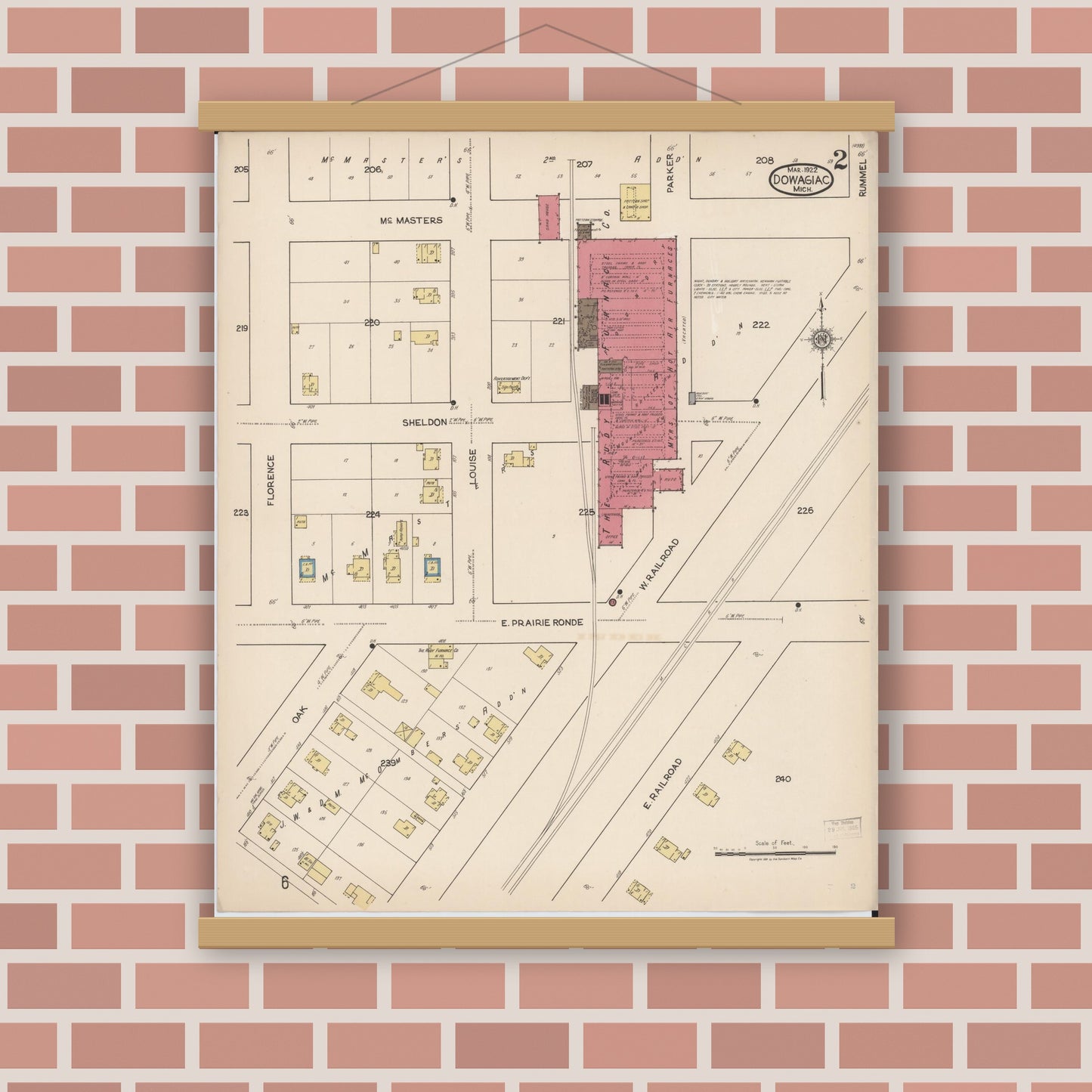 Old map wall art mockup — magnetic wood frame on brick wall — Sanborn Fire Insurance Map from Dowagiac, Cass County, Michigan (1922), Sheet #0002