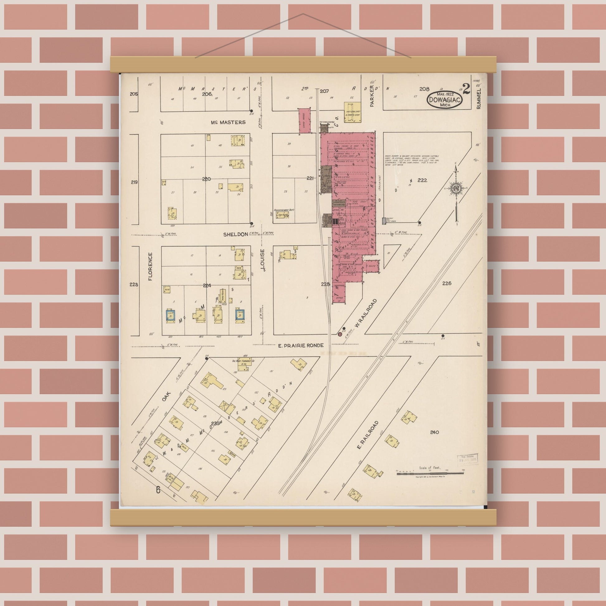 Old map wall art mockup — magnetic wood frame on brick wall — Sanborn Fire Insurance Map from Dowagiac, Cass County, Michigan (1922), Sheet #0002