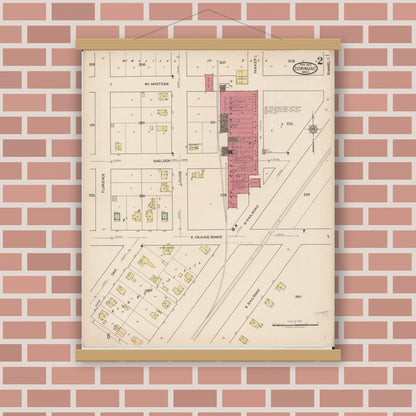 Old map wall art mockup — magnetic wood frame on brick wall — Sanborn Fire Insurance Map from Dowagiac, Cass County, Michigan (1922), Sheet #0002