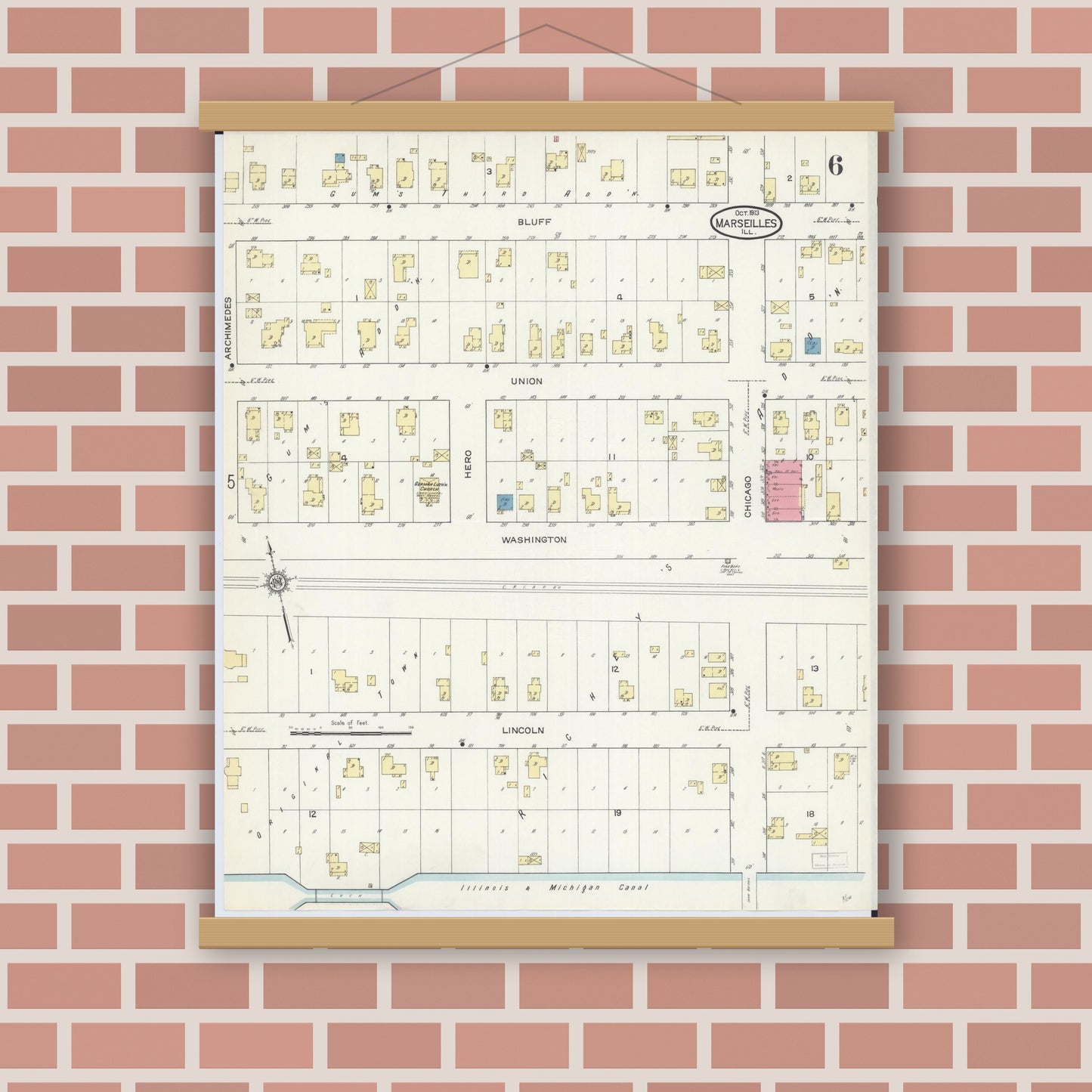 Old map wall art mockup — magnetic wood frame on brick wall — Sanborn Fire Insurance Map from Marseilles, La Salle County, Illinois (1913), Sheet #0006
