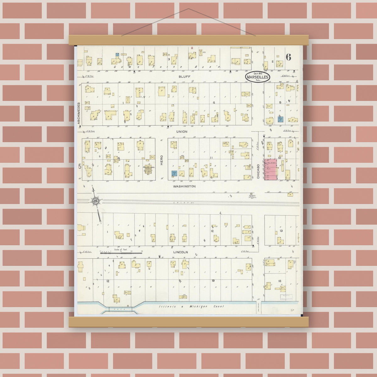 Old map wall art mockup — magnetic wood frame on brick wall — Sanborn Fire Insurance Map from Marseilles, La Salle County, Illinois (1913), Sheet #0006