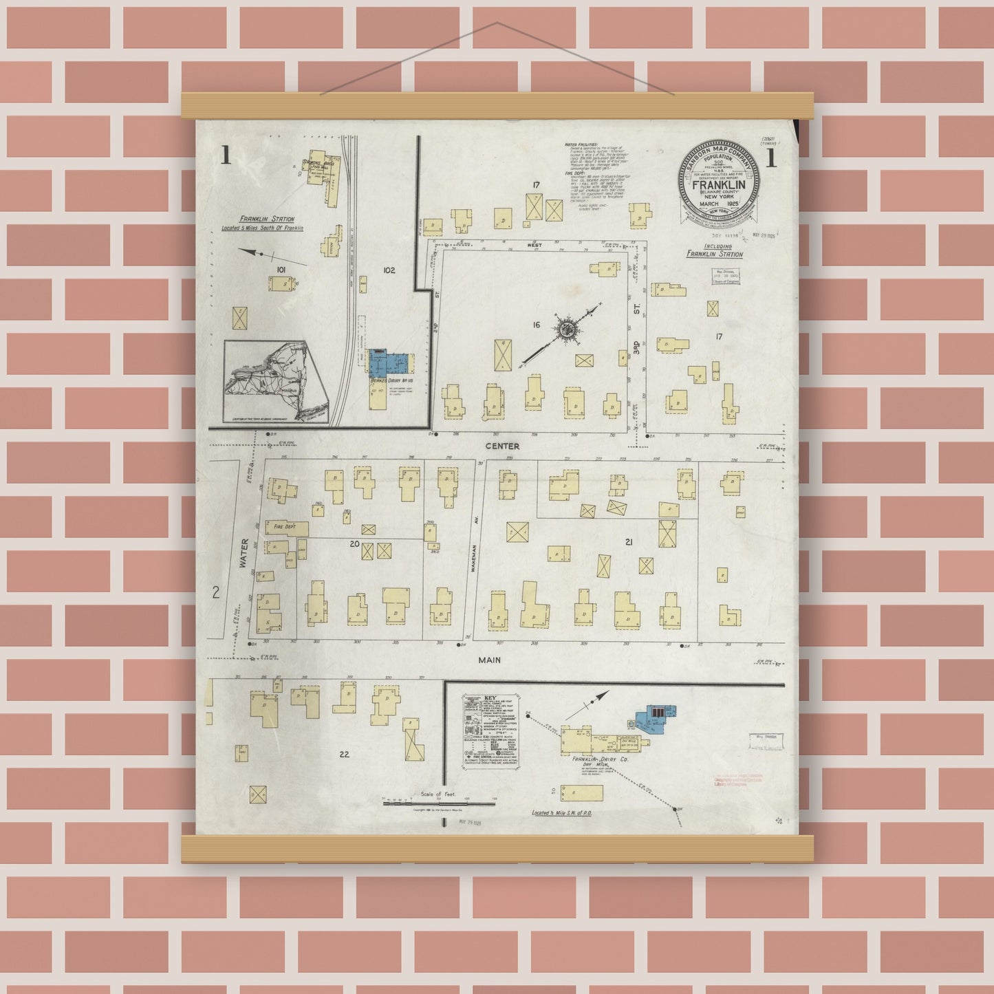 Old map wall art mockup — magnetic wood frame on brick wall — Sanborn Fire Insurance Map from Franklin, Delaware County, New York (1925) - Complete Map Set
