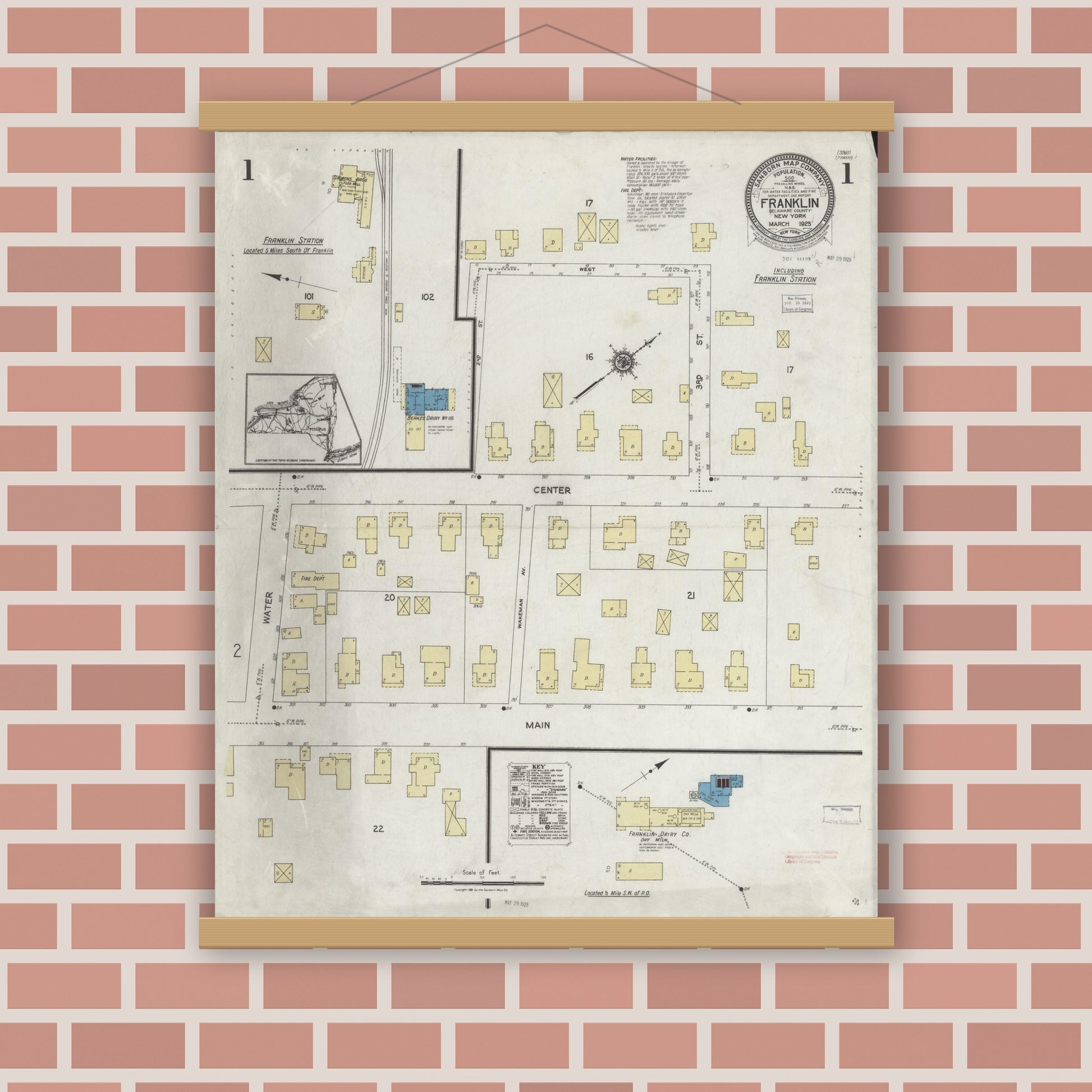 Old map wall art mockup — magnetic wood frame on brick wall — Sanborn Fire Insurance Map from Franklin, Delaware County, New York (1925) - Complete Map Set