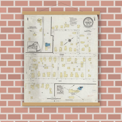 Old map wall art mockup — magnetic wood frame on brick wall — Sanborn Fire Insurance Map from Franklin, Delaware County, New York (1925) - Complete Map Set