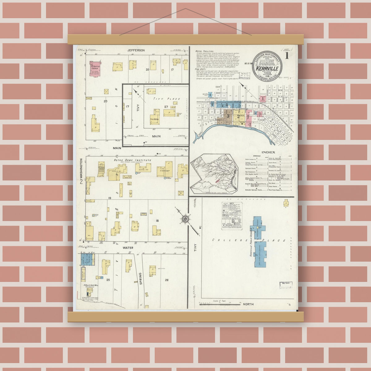 Old map wall art mockup — magnetic wood frame on brick wall — Sanborn Fire Insurance Map from Kerrville, Kerr County, Texas (1916) - Complete Map Set