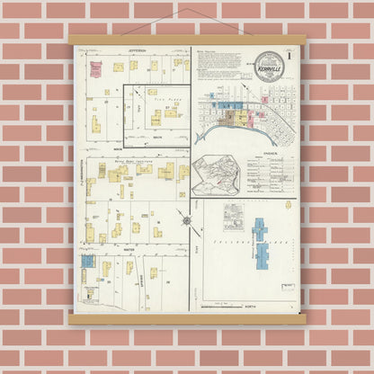 Old map wall art mockup — magnetic wood frame on brick wall — Sanborn Fire Insurance Map from Kerrville, Kerr County, Texas (1916) - Complete Map Set