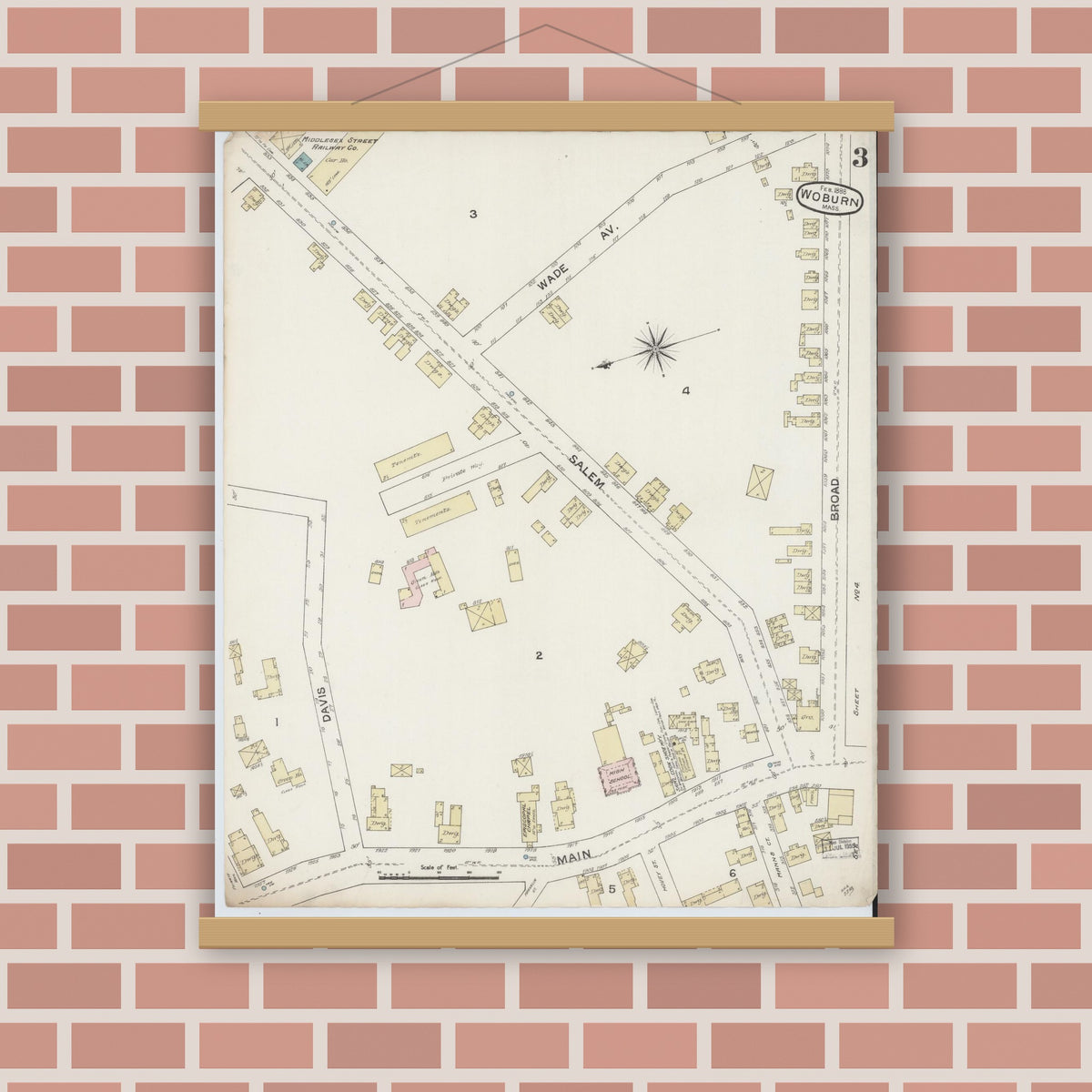 Old map wall art mockup — magnetic wood frame on brick wall — Sanborn Fire Insurance Map from Woburn, Middlesex County, Massachusetts (1888), Sheet #0003