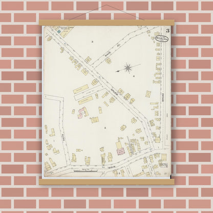 Old map wall art mockup — magnetic wood frame on brick wall — Sanborn Fire Insurance Map from Woburn, Middlesex County, Massachusetts (1888), Sheet #0003