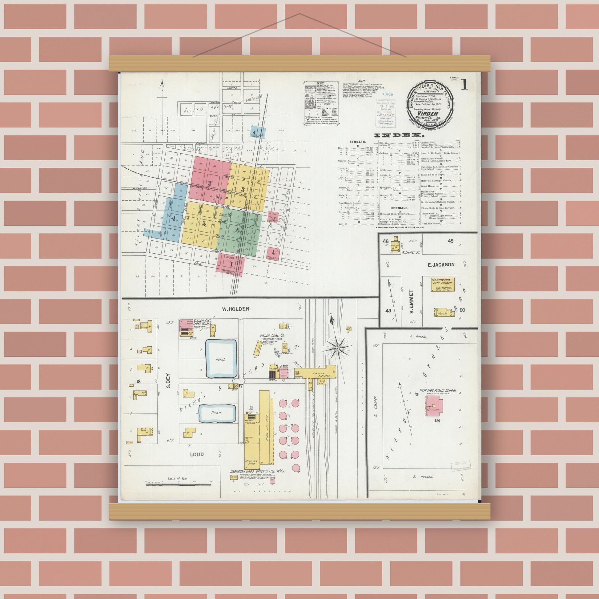 Old map wall art mockup — magnetic wood frame on brick wall — Sanborn Fire Insurance Map from Virden, Macoupin County, Illinois (1900) - Complete Map Set
