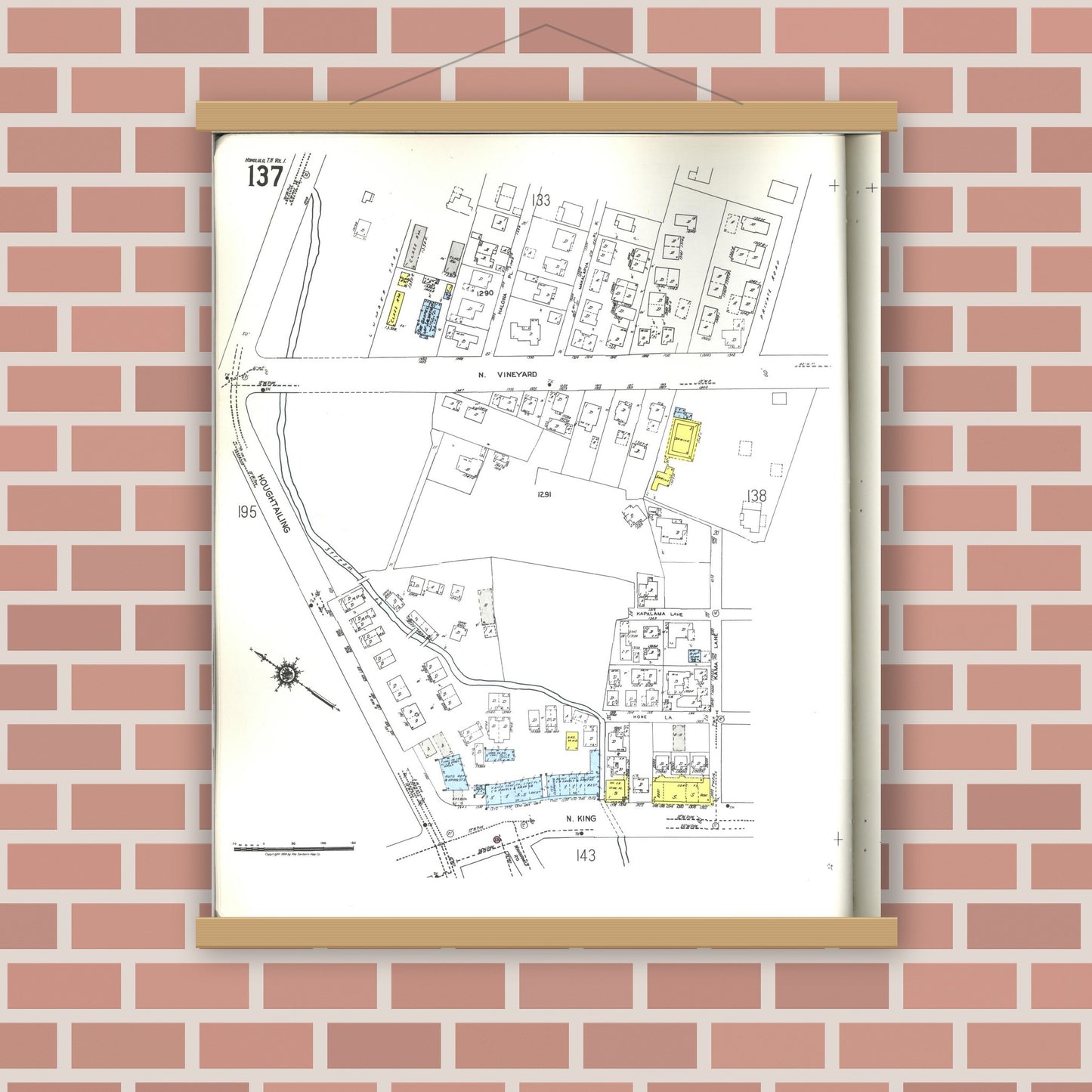 Old map wall art mockup — magnetic wood frame on brick wall — Sanborn Fire Insurance Map from Honolulu, Oahu County, Hawaii (1955), Sheet #0137