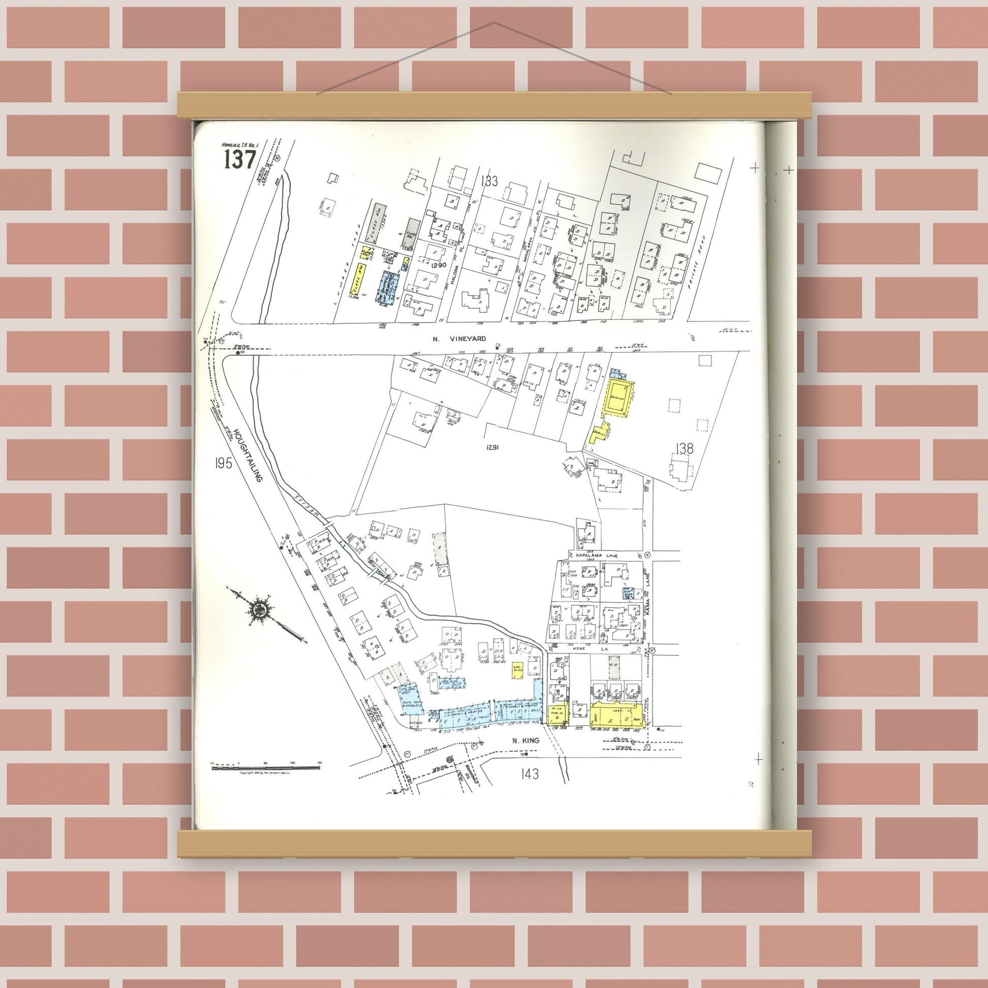 Old map wall art mockup — magnetic wood frame on brick wall — Sanborn Fire Insurance Map from Honolulu, Oahu County, Hawaii (1955), Sheet #0137