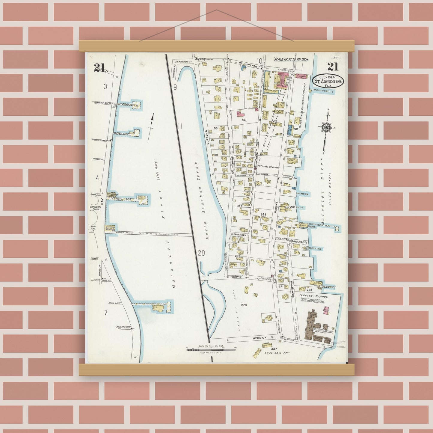 Old map wall art mockup — magnetic wood frame on brick wall — Sanborn Fire Insurance Map from Saint Augustine, Saint John's County, Florida (1924), Sheet #0021