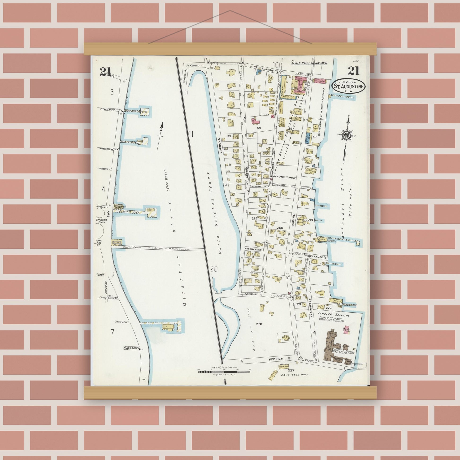 Old map wall art mockup — magnetic wood frame on brick wall — Sanborn Fire Insurance Map from Saint Augustine, Saint John's County, Florida (1924), Sheet #0021