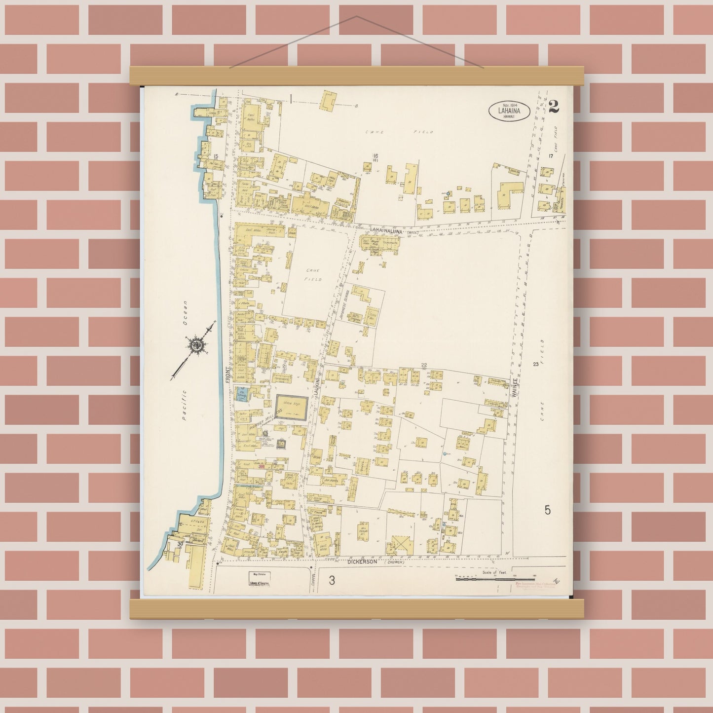 Old map wall art mockup — magnetic wood frame on brick wall — Sanborn Fire Insurance Map from Lahaina, Maui County, Hawaii (1914), Sheet #0002