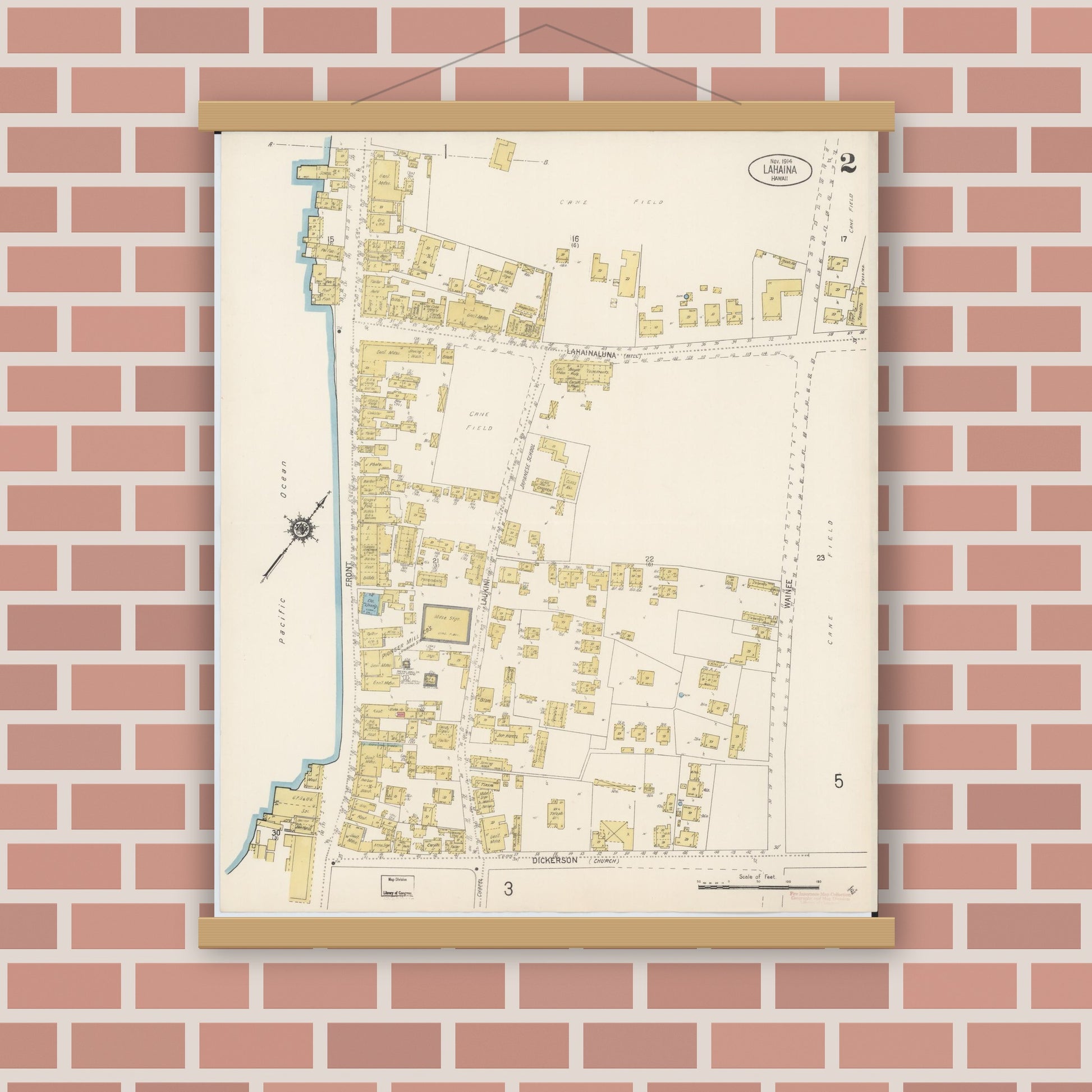 Old map wall art mockup — magnetic wood frame on brick wall — Sanborn Fire Insurance Map from Lahaina, Maui County, Hawaii (1914), Sheet #0002