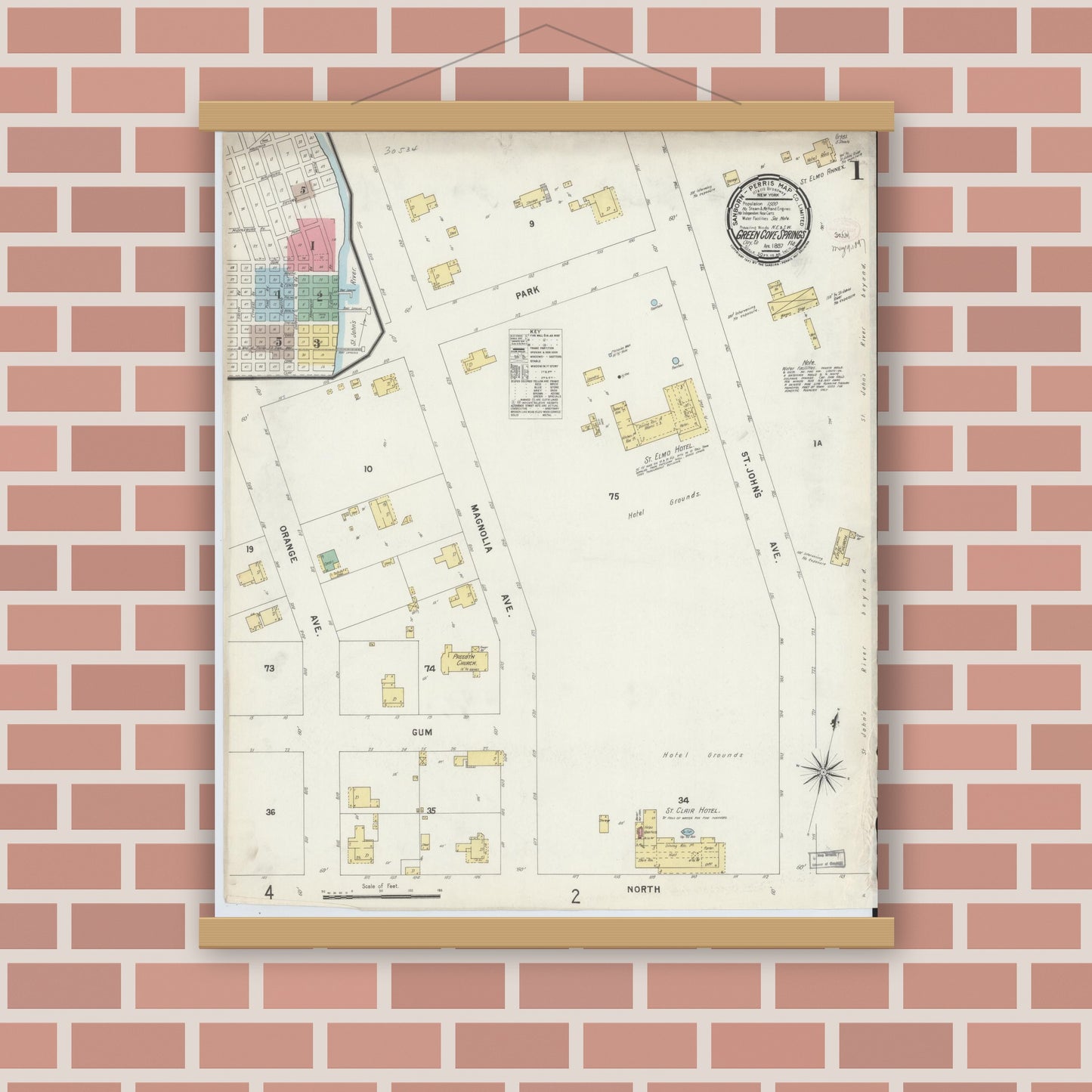 Old map wall art mockup — magnetic wood frame on brick wall — Sanborn Fire Insurance Map from Green Cove Springs, Clay County, Florida (1897) - Complete Map Set